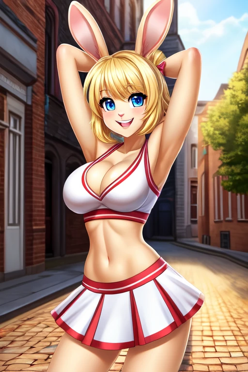Rabbit girl High school cheerleader, solo, female, blonde hair, blue eyes, smiling, big breasts, cleavage, slim, small waist, small hips, european city, brick road, hands behind back, happy, looking at viewer, high quality