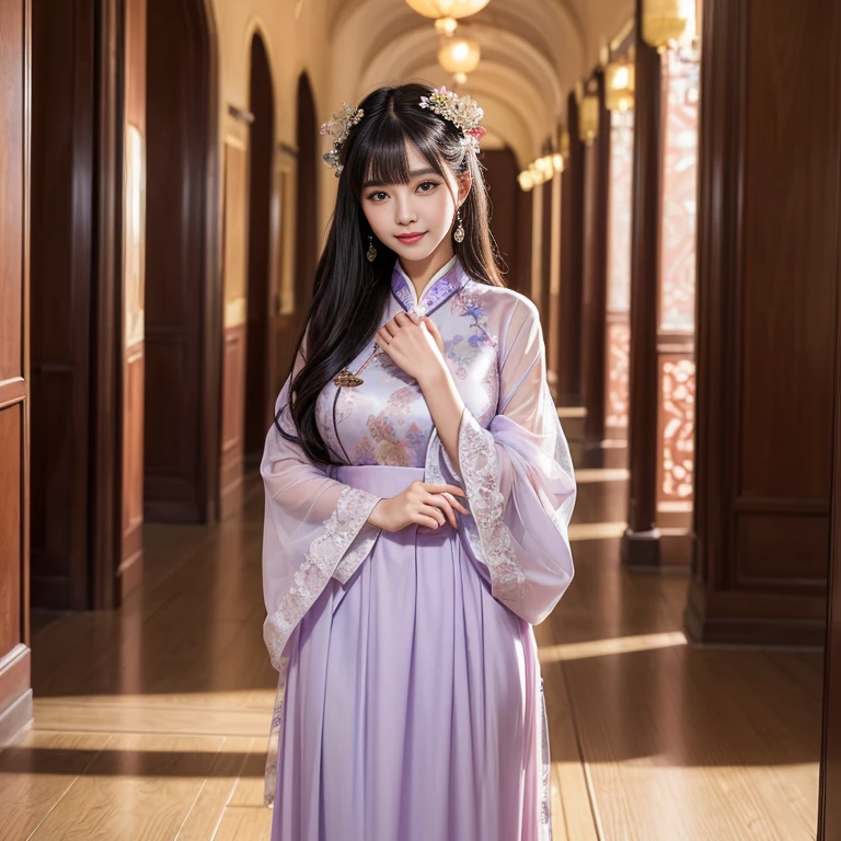 best quality, Delicate face,beautiful visual work, lifelike, eternity, black hair, Long curly hair, blunt bangs, Smile, Detailed Background, Delicate face,blush,cold,((masterpiece))、(top quality)、8k、high detail、Super detailed,31 years old female,Wearing Tang Dynasty Hanfu、waist skirt, Clothes are light and fluffy,Hanfu, wide sleeves, Transparent sleeves, Tunic, Clothes made of chiffon, Seductive and whimsical style、masterpiece、born、Scenes resembling fairy tale illustrations、Intricate details and complex designs、Beautifully、magic、capricious、 Beautifully、Dream aesthetics、「𝓡𝓸𝓶𝓪𝓷𝓽𝓲𝓬、ethereal、charming、fickle、magic」、Realism、Visual effects、FXAA、SSAO、Shaders、voiceless、ambient lighting、Tone mapping、High resolution、Ultra high quality、Million pixels、(8K resolution:1.10)、8k、Below 8K、8K resolution、high detail、intricate details, (high quality:1.2、masterpiece:1.2、:1.21)、(31 years old female:1.21)、(Smile excitedly)、(full-body shot,Normal 2 feet,Put your hands behind you,The protrusion of the breast is visible when wearing clothes, Large Breasts, H cup chest, antiquity, Xian Xia, gauze clothes, Soft and fluttering, Fairy, dream, fantasy, light, elegant, nature, Immortal, romantic, classical, ribbon, light purple clothes, In the Forbidden City corridor,Chinese Palace Corridor,imperial palace,Palace corridor