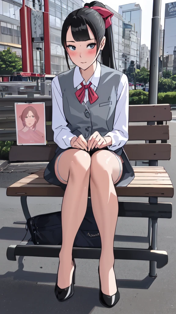 Transcendent image quality、masterpiece, Highest quality, Absurd, Perfect Anatomy, Beautiful background, Beautiful Face, Beautiful body, One person、(Portrait、Beautiful feet、Slender、、from the front、looking at the camera)(Lace panties、Garter Stockings、High heels)ponytail、ribbon、blush、office lady、Gray office suit、(Sit on a bus stop bench)