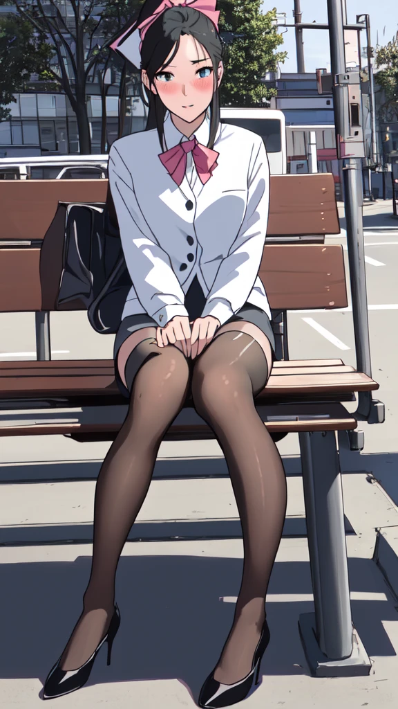 Transcendent image quality、masterpiece, Highest quality, Absurd, Perfect Anatomy, Beautiful background, Beautiful Face, Beautiful body, One person、(Portrait、Beautiful feet、Slender、、from the front、looking at the camera)(Lace panties、Garter Stockings、High heels)ponytail、ribbon、blush、office lady、Gray office suit、(Sit on a bus stop bench)