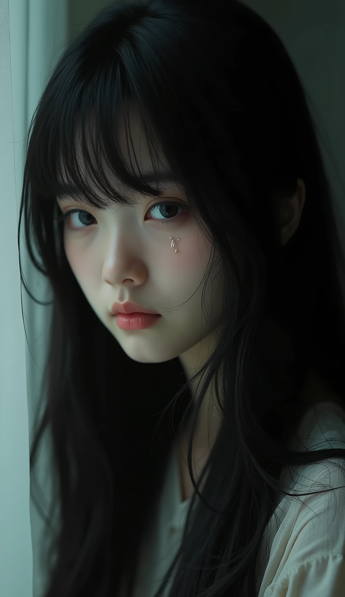 close-up, [face]、Depressed girl、tears、Black Hair、Japanese、Long Hair