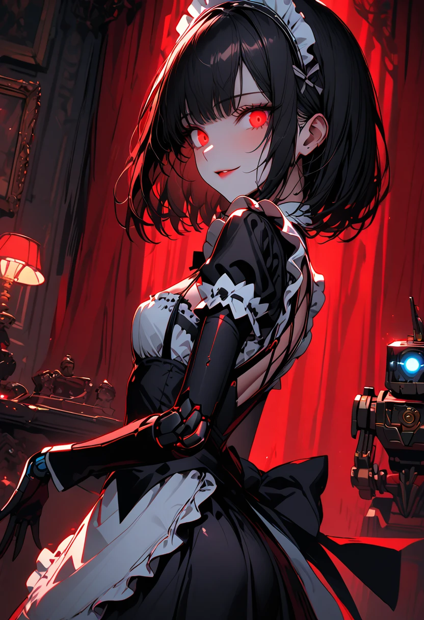 solo, female, close up, slender, small breasts, bob cut hair, clockwork robot maid, elegant, mansion, maid gesture, gentle smile, maid uniform, robot joints, black hair, slightly glowing eyes, lamp, warm, red curtain, professional, tiny waist, feminine, round ass, flirty, seams, barcodes, curvaceous, maid headdress
