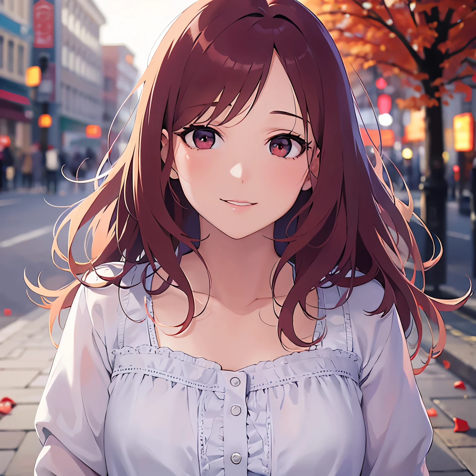 Realistic, real person, RAW photo, photorealistic, portrait photography, shiny skin, 25-year-old woman、(Medium Hair) and (red hair) and (red eyes), Wearing a white ruffled blouse、smile, The background is a park、Alone、Are standing