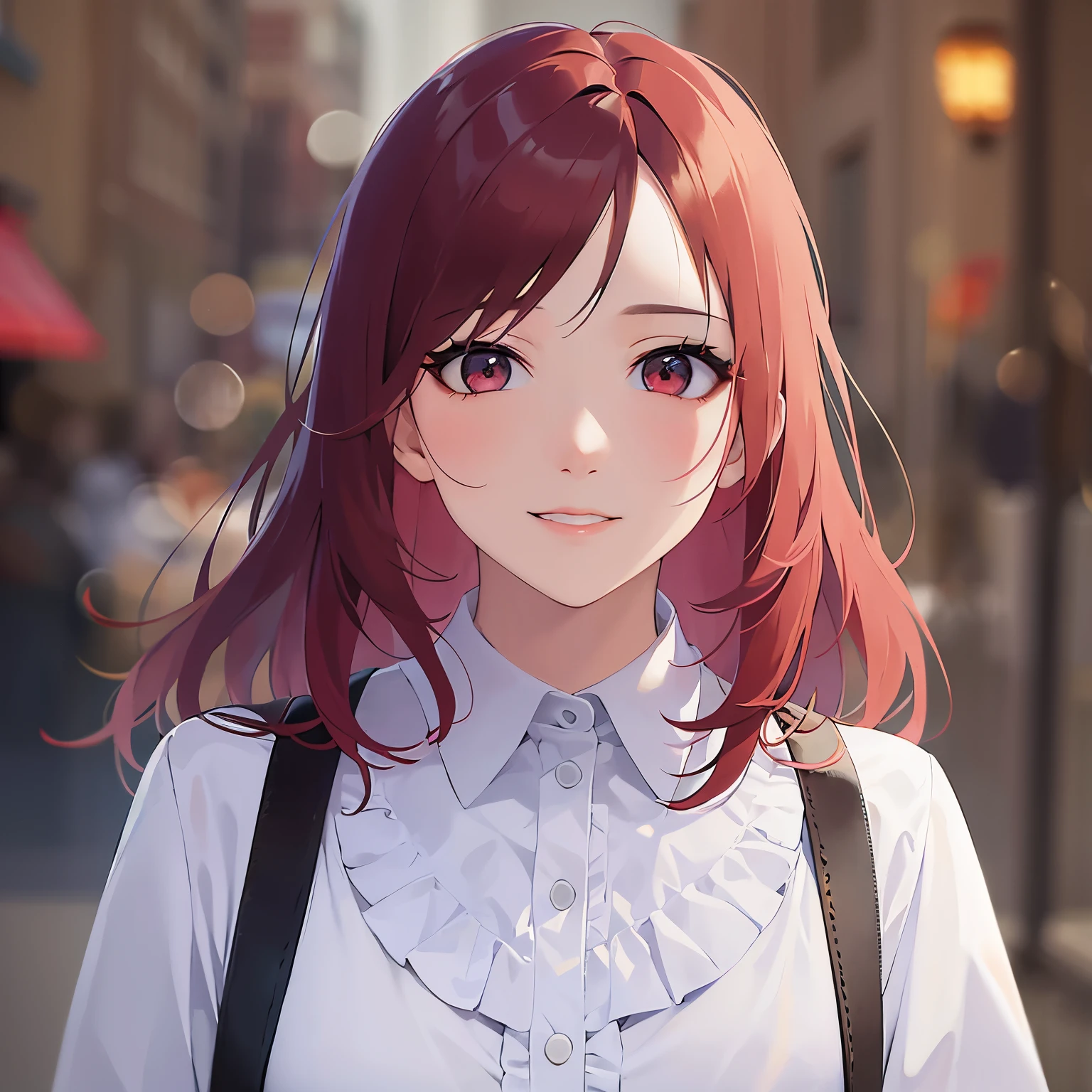 Realistic, real person, RAW photo, photorealistic, portrait photography, shiny skin, 25-year-old woman、(Medium Hair) and (red hair) and (red eyes), Wearing a white ruffled blouse、smile, The background is a park、Alone、Are standing