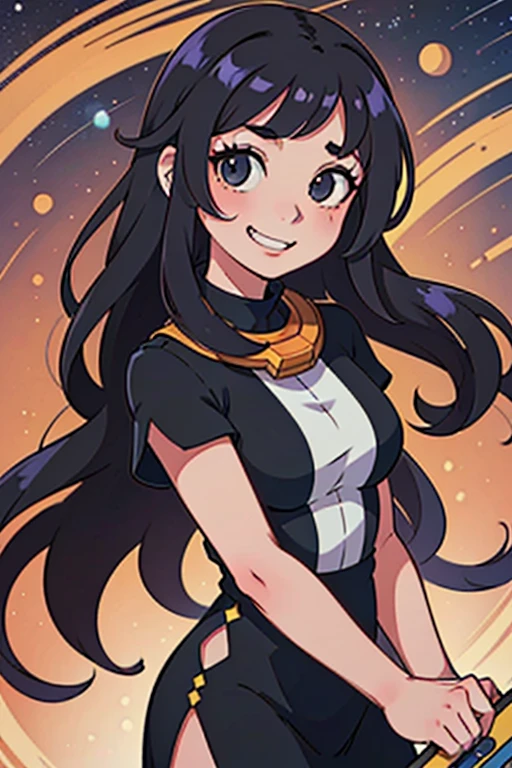 anime girl with long black hair, space style long dress, beautiful long black black hair, beautiful expressive face, mischievous grin, cute girl, 18 years old, Space RPG setting.