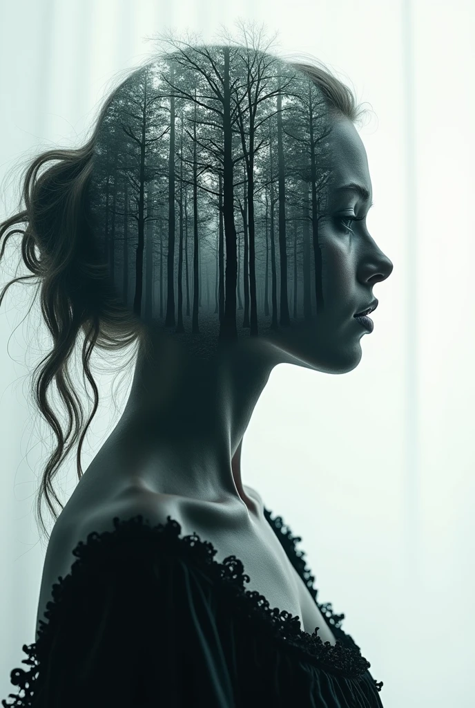 Silhouette of a Nordic queen filled with a forest , double exposure, crisp lines, monochrome background, : Macro photography of a dramatic, mythology-inspired women with a lo-fi, mysterious aura, featuring a glimmer of cybernetic enhancements in shades of natural, porcelain-like nature details, with an air of bombastic, high-contrast photography, evoking the spirit of a death mercenary, yet with an exaggerated, angelic quality, with sharp, hyper-realistic textures and a sense of gritty, industrial elegance