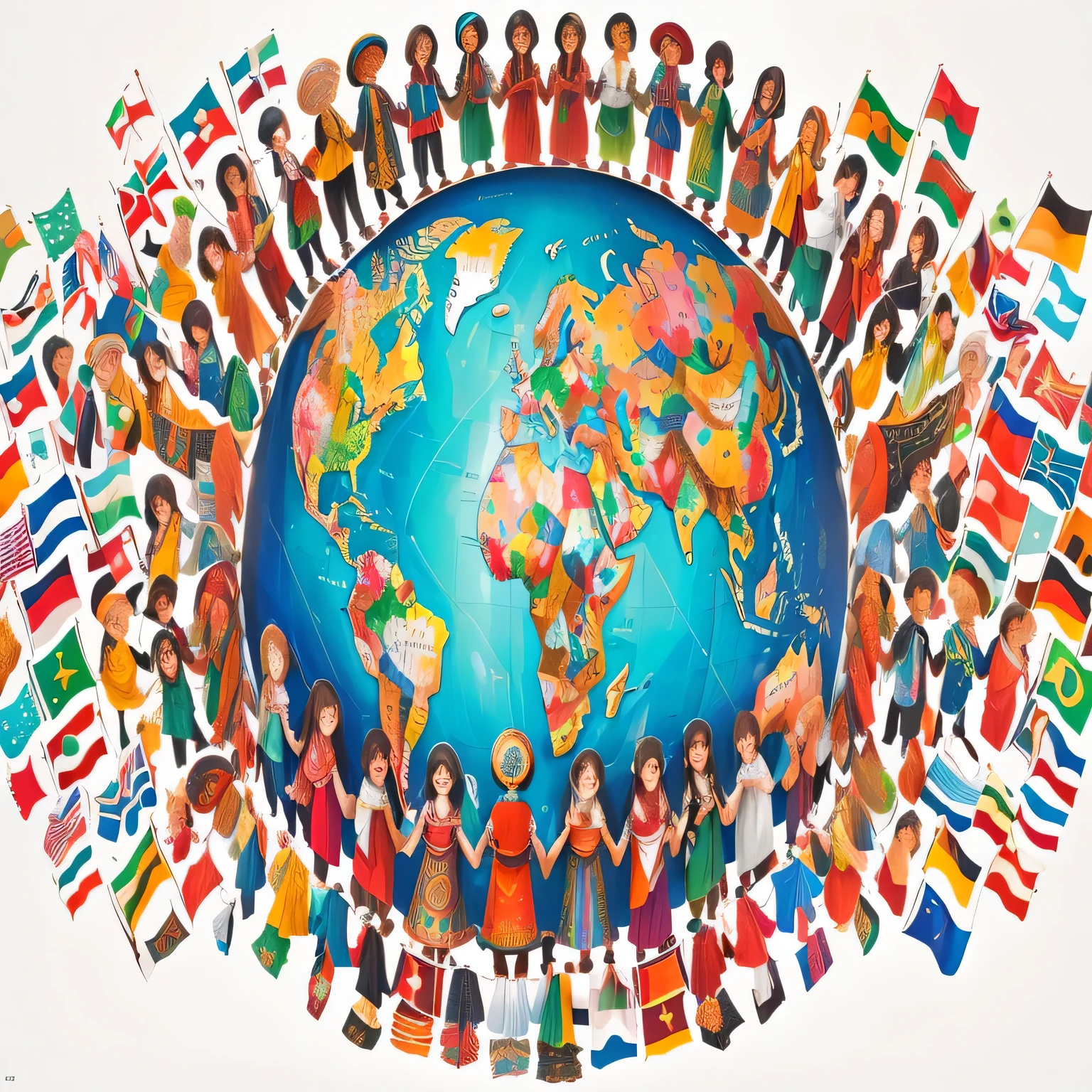 an image of a globe with a group of people standing around it, the world, world peace, different, diversidade, etnias variadas, ethnic group, vibrant world, around the world, a beautiful art work illustration, Ethnic origin, I love peace and unity, & all the world around you, different ages, colored image, world, several continents, beautiful art work