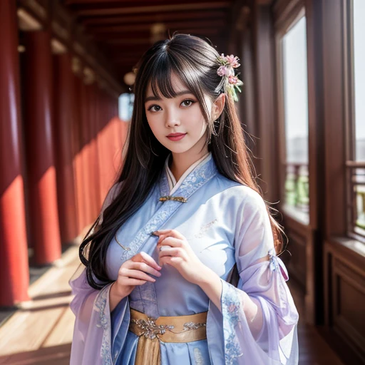 Sideways photo,best quality, Delicate face,beautiful visual work, lifelike, eternity, black hair, Long curly hair, blunt bangs, Smile, Detailed Background, Delicate face,blush,cold,((masterpiece))、(top quality)、8k、high detail、Super detailed,31 years old female,Wearing Tang Dynasty Hanfu、waist skirt, Clothes are light and fluffy,Hanfu, wide sleeves, Transparent sleeves, Tunic, Clothes made of chiffon, Seductive and whimsical style、masterpiece、born、Scenes resembling fairy tale illustrations、Intricate details and complex designs、Beautifully、magic、capricious、 Beautifully、Dream aesthetics、「𝓡𝓸𝓶𝓪𝓷𝓽𝓲𝓬、ethereal、charming、fickle、magic」、Realism、Visual effects、FXAA、SSAO、Shaders、voiceless、ambient lighting、Tone mapping、High resolution、Ultra high quality、Million pixels、(8K resolution:1.10)、8k、Below 8K、8K resolution、high detail、intricate details, (high quality:1.2、masterpiece:1.2、:1.21)、(31 years old female:1.21)、(Smile excitedly)、(full-body shot,Normal 2 feet,Put your hands behind you,The protrusion of the breast is visible when wearing clothes, Large Breasts, H cup chest, antiquity, Xian Xia, gauze clothes, Soft and fluttering, Fairy, dream, fantasy, light, elegant, nature, Immortal, romantic, classical, ribbon, light purple clothes, In the Forbidden City corridor,Chinese Palace Corridor,imperial palace,Palace corridor