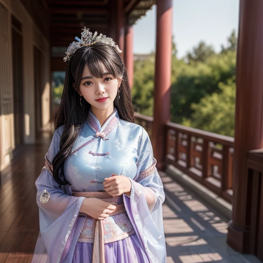 Sideways photo,best quality, Delicate face,beautiful visual work, lifelike, eternity, black hair, Long curly hair, blunt bangs, Smile, Detailed Background, Delicate face,blush,cold,((masterpiece))、(top quality)、8k、high detail、Super detailed,31 years old female,Wearing Tang Dynasty Hanfu、waist skirt, Clothes are light and fluffy,Hanfu, wide sleeves, Transparent sleeves, Tunic, Clothes made of chiffon, Seductive and whimsical style、masterpiece、born、Scenes resembling fairy tale illustrations、Intricate details and complex designs、Beautifully、magic、capricious、 Beautifully、Dream aesthetics、「𝓡𝓸𝓶𝓪𝓷𝓽𝓲𝓬、ethereal、charming、fickle、magic」、Realism、Visual effects、FXAA、SSAO、Shaders、voiceless、ambient lighting、Tone mapping、High resolution、Ultra high quality、Million pixels、(8K resolution:1.10)、8k、Below 8K、8K resolution、high detail、intricate details, (high quality:1.2、masterpiece:1.2、:1.21)、(31 years old female:1.21)、(Smile excitedly)、(full-body shot,Normal 2 feet,Put your hands behind you,The protrusion of the breast is visible when wearing clothes, Large Breasts, H cup chest, antiquity, Xian Xia, gauze clothes, Soft and fluttering, Fairy, dream, fantasy, light, elegant, nature, Immortal, romantic, classical, ribbon, light purple clothes, In the Forbidden City corridor,Chinese Palace Corridor,imperial palace,Palace corridor