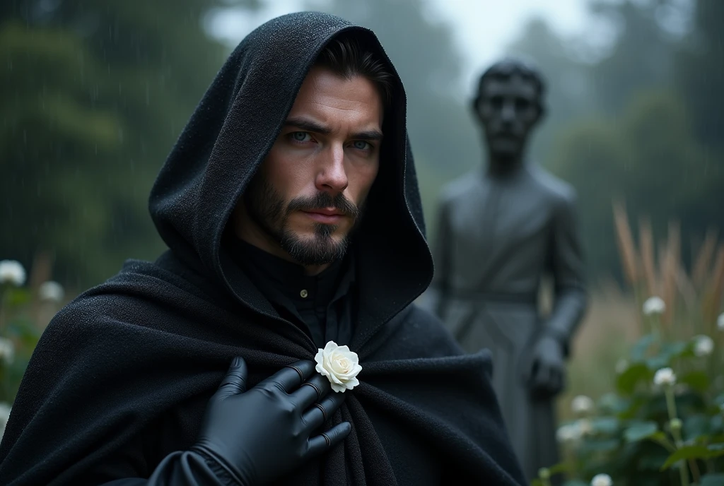 a young handsome european man black hair short beard blue eyes wearing a black noble cloth with hood cover his head with white rose brooch with a black gloves in the black flowers garden with a male sad statue in the after rain at dusk