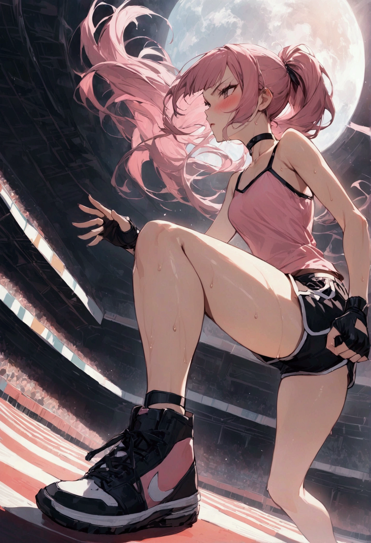 {{masterpiece}}, {{{Highest quality}}},{{Very detailed}}{{female martial artist}},{{Female fighters fighting in a martial arts match..}},{{during a match}},solo,1girl, {{Very slim legs:1.2}},slim body,{{}},{{}},Mature Women,Dynamic composition、Dutch Angle,from side,Focus on thighs,,v-shaped eyebrows.profound,Bad mood,blush,Sweat,{{clavicle:1.4}},{{}},,choker,,,,black fingerless gloves,dolphin shorts, pink hair,Pink camisole, long hair,ponytail Blunt bangs,high-cut sneakers,{{On the ring:1.4}},Small Arena