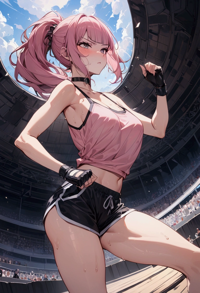 {{masterpiece}}, {{{Highest quality}}},{{Very detailed}}{{female martial artist}},{{Female fighters fighting in a martial arts match..}},{{during a match}},solo,1girl, {{Very slim legs:1.2}},slim body,{{}},{{}},Mature Women,Dynamic composition、Dutch Angle,from side,Focus on thighs,,v-shaped eyebrows.profound,Bad mood,blush,Sweat,{{clavicle:1.4}},{{}},,choker,,,,black fingerless gloves,dolphin shorts, pink hair,Pink camisole, long hair,ponytail Blunt bangs,high-cut sneakers,{{On the ring:1.4}},Small Arena