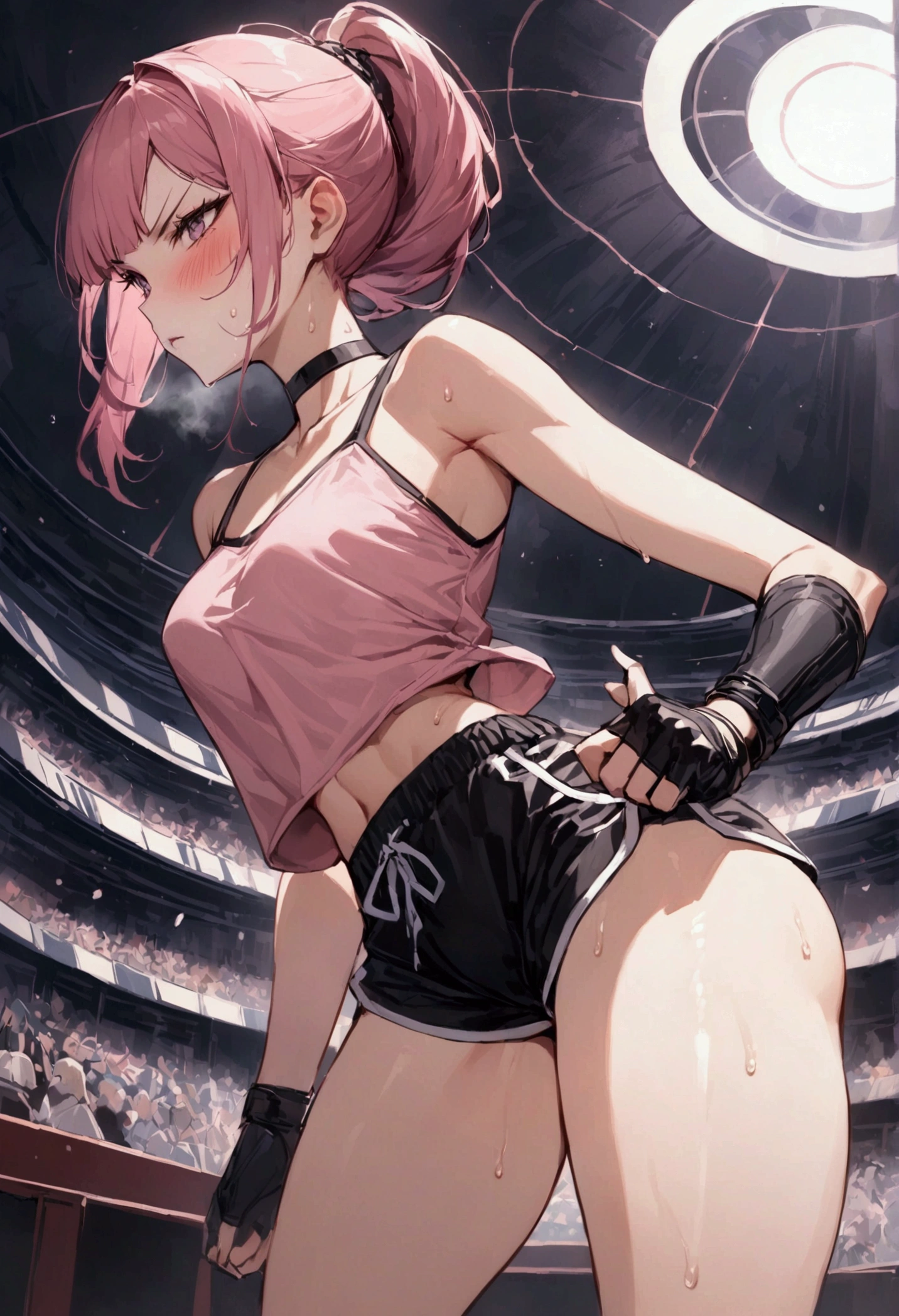{{masterpiece}}, {{{Highest quality}}},{{Very detailed}}{{female martial artist}},{{Female fighters fighting in a martial arts match..}},{{during a match}},solo,1girl, {{Very slim legs:1.2}},slim body,{{}},{{}},Mature Women,Dynamic composition、Dutch Angle,from side,Focus on thighs,,v-shaped eyebrows.profound,Bad mood,blush,Sweat,{{clavicle:1.4}},{{}},,choker,,,,black fingerless gloves,dolphin shorts, pink hair,Pink camisole, long hair,ponytail Blunt bangs,high-cut sneakers,{{On the ring:1.4}},Small Arena