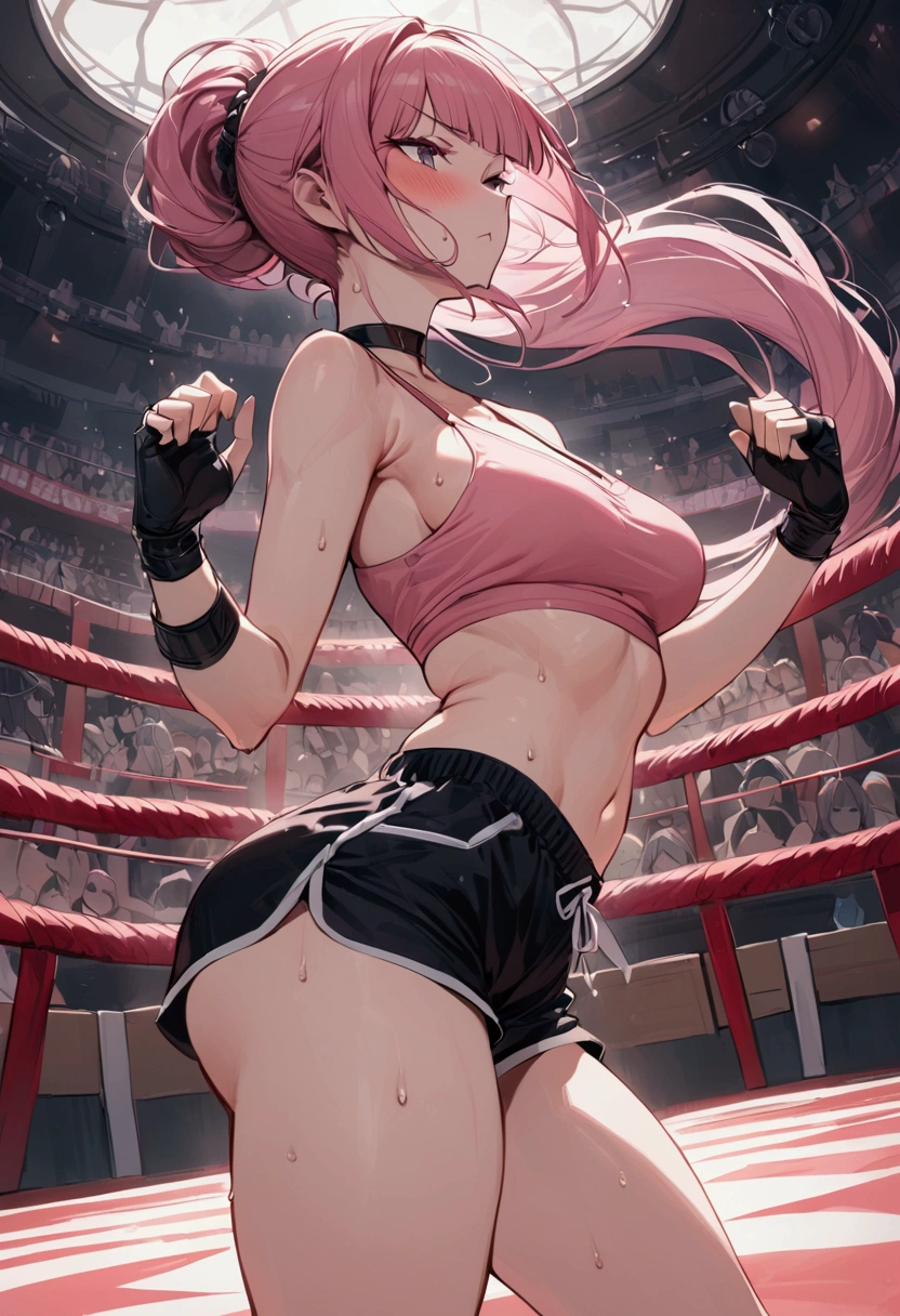 {{masterpiece}}, {{{Highest quality}}},{{Very detailed}}{{female martial artist}},{{Female fighters fighting in a martial arts match..}},{{during a match}},solo,1girl, {{Very slim legs:1.2}},slim body,{{}},{{}},Mature Women,Dynamic composition、Dutch Angle,from side,Focus on thighs,,v-shaped eyebrows.profound,Bad mood,blush,Sweat,{{clavicle:1.4}},{{}},,choker,,,,black fingerless gloves,dolphin shorts, pink hair,Pink camisole, long hair,ponytail Blunt bangs,high-cut sneakers,{{On the ring:1.4}},Small Arena
