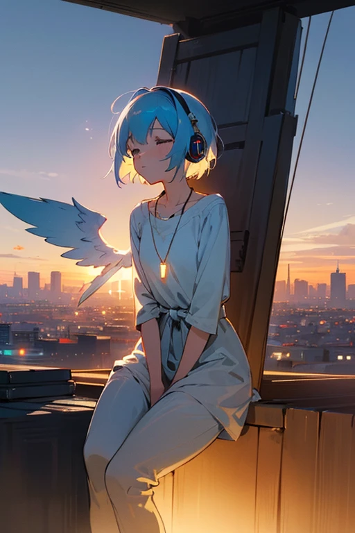 {
  "prompt": "A serene scene featuring a more human-like anime girl with short, light blue hair. She is sitting on a rooftop at sunset, listening to music through headphones. Her ethereal wings are now represented as a glowing, mystical necklace hanging around her neck. The modern city skyline stretches out behind her, bathed in the warm glow of the setting sun, creating a peaceful and relaxed atmosphere. She wears a casual outfit that reflects her laid-back mood, with her short hair gently blowing in the wind. The distant city lights are just beginning to turn on, enhancing the calm, dreamy vibe of the scene.",
  "size": "1792x1024"
}
