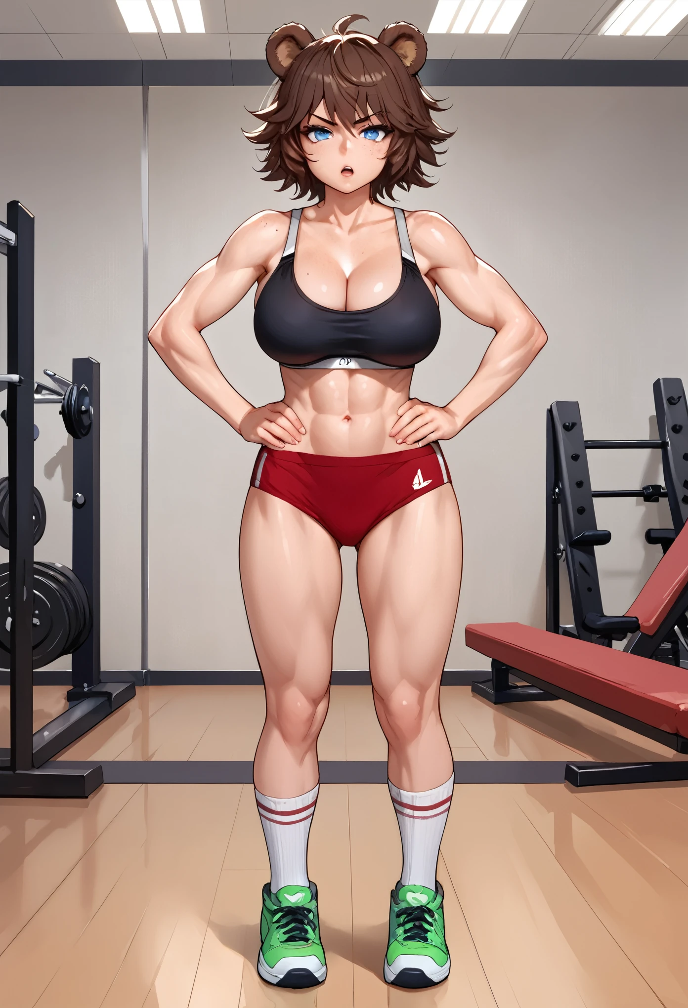 score_9_up, score_8_up, score_7_up, 1girl, solo, source_anime, hourglass figure, Big breasts, kemonomimi, bear ears, brown hair, short hair, messy_hair, blue eyes BREAK freckles, gym, sport bra, black bra, midriff, red buruma, muscle growth, standing, serious face, looking at viewer, high socks, white socks, green sneakers, Open mouth, hands on hips