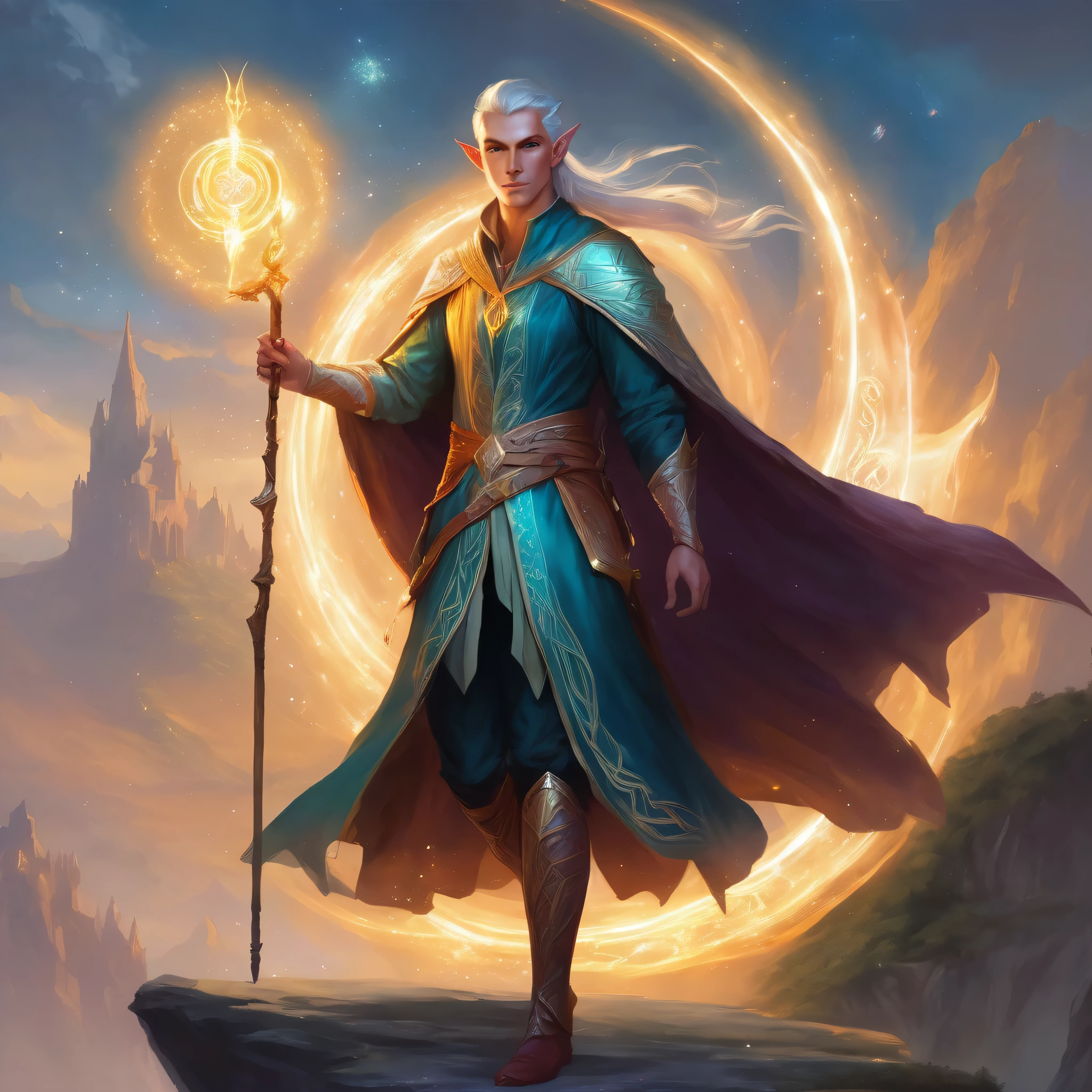 ethereal fantasy concept art of a brave elf dnd male sorcerer. magnificent, celestial, ethereal, painterly, epic, majestic, magical, fantasy art, cover art, dreamy, full body shot, staff in right hand, surrounded by runes of light, clean shaven