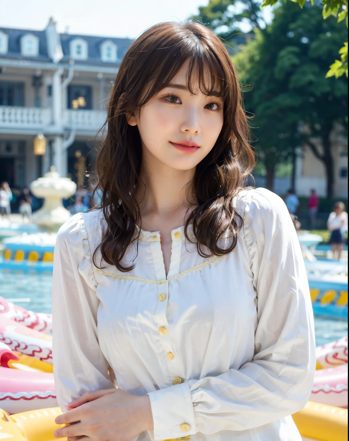 best quality, 1girl, (skindentation), (large breast), (day), bright, blur background, outdoor, (street:0.6), (people, crowds:1), (wavy hair:1.5), (blouse:1.5), gorgeous, (floating hair:1.5), (dynamic pose:0.8), soft lighting, wind, garden,