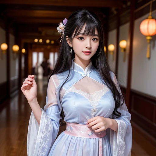 Sideways photo,best quality, Delicate face,beautiful visual work, lifelike, eternity, black hair, Long curly hair, blunt bangs, Smile, Detailed Background, Delicate face,blush,cold,((masterpiece))、(top quality)、8k、high detail、Super detailed,31 years old female,Wearing Tang Dynasty Hanfu、waist skirt, Clothes are light and fluffy,Hanfu, wide sleeves, Transparent sleeves, Tunic, Clothes made of chiffon, Seductive and whimsical style、masterpiece、born、Scenes resembling fairy tale illustrations、Intricate details and complex designs、Beautifully、magic、capricious、 Beautifully、Dream aesthetics、「𝓡𝓸𝓶𝓪𝓷𝓽𝓲𝓬、ethereal、charming、fickle、magic」、Realism、Visual effects、FXAA、SSAO、Shaders、voiceless、ambient lighting、Tone mapping、High resolution、Ultra high quality、Million pixels、(8K resolution:1.10)、8k、Below 8K、8K resolution、high detail、intricate details, (high quality:1.2、masterpiece:1.2、:1.21)、(31 years old female:1.21)、(Smile excitedly)、(full-body shot,Normal 2 feet,Put your hands behind you,The protrusion of the breast is visible when wearing clothes, Large Breasts, H cup chest, antiquity, Xian Xia, gauze clothes, Soft and fluttering, Fairy, dream, fantasy, light, elegant, nature, Immortal, romantic, classical, ribbon, light purple clothes, In the Forbidden City corridor,Chinese Palace Corridor,imperial palace,Palace corridor