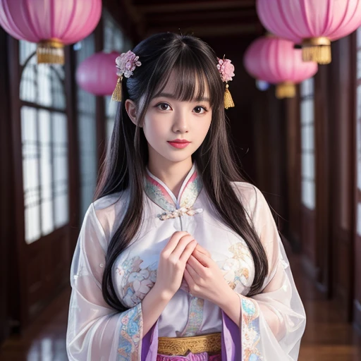 Sideways photo,best quality, Delicate face,beautiful visual work, lifelike, eternity, black hair, Long curly hair, blunt bangs, Smile, Detailed Background, Delicate face,blush,cold,((masterpiece))、(top quality)、8k、high detail、Super detailed,31 years old female,Wearing Tang Dynasty Hanfu、waist skirt, Clothes are light and fluffy,Hanfu, wide sleeves, Transparent sleeves, Tunic, Clothes made of chiffon, Seductive and whimsical style、masterpiece、born、Scenes resembling fairy tale illustrations、Intricate details and complex designs、Beautifully、magic、capricious、 Beautifully、Dream aesthetics、「𝓡𝓸𝓶𝓪𝓷𝓽𝓲𝓬、ethereal、charming、fickle、magic」、Realism、Visual effects、FXAA、SSAO、Shaders、voiceless、ambient lighting、Tone mapping、High resolution、Ultra high quality、Million pixels、(8K resolution:1.10)、8k、Below 8K、8K resolution、high detail、intricate details, (high quality:1.2、masterpiece:1.2、:1.21)、(31 years old female:1.21)、(Smile excitedly)、(full-body shot,Normal 2 feet,Put your hands behind you,The protrusion of the breast is visible when wearing clothes, Large Breasts, H cup chest, antiquity, Xian Xia, gauze clothes, Soft and fluttering, Fairy, dream, fantasy, light, elegant, nature, Immortal, romantic, classical, ribbon, light purple clothes, In the Forbidden City corridor,Chinese Palace Corridor,imperial palace,Palace corridor