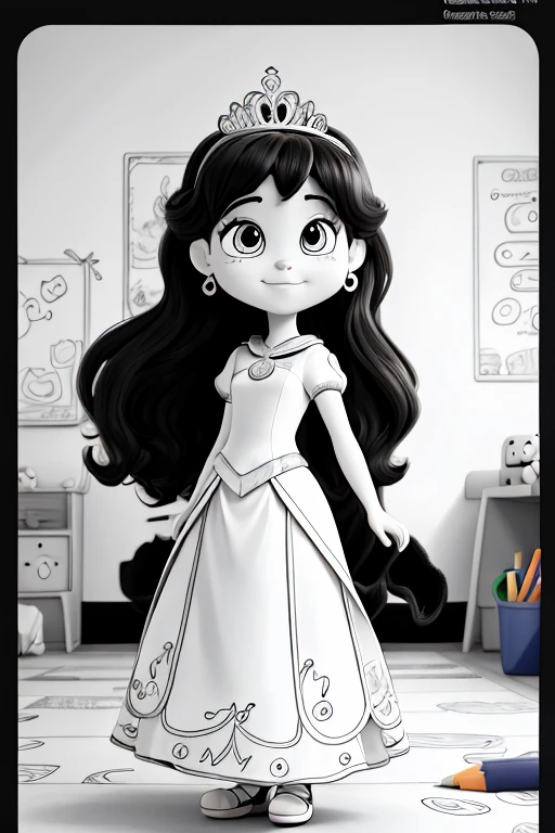 coloring book for children, cartoon style, low detail, no shadows, black and white image, princess