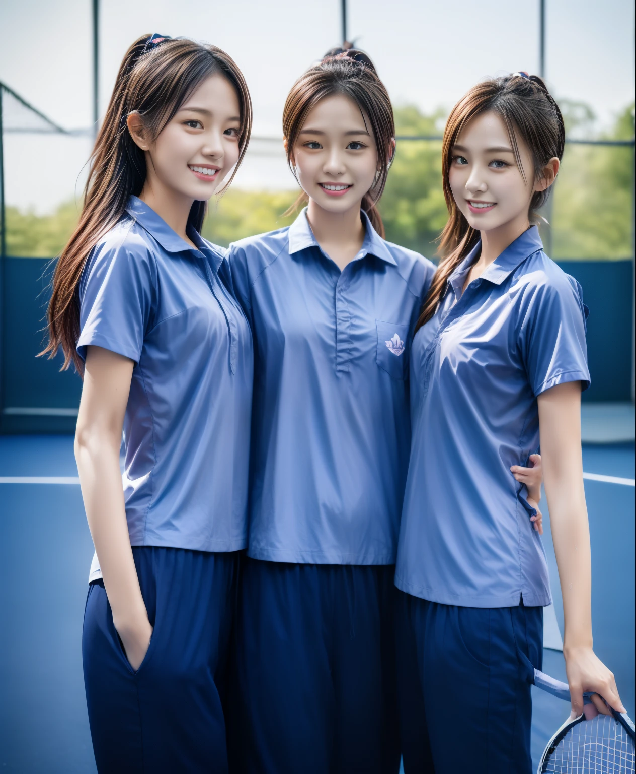 3 girls play tennis at tennis courts, Navy blue short-sleeved shirt,Navy Long Trackpant,Sweatpants, Sweatpantsขายาว,25 year old girl, lesbian, sexy, exercise clothes, wet body, exercise clothes