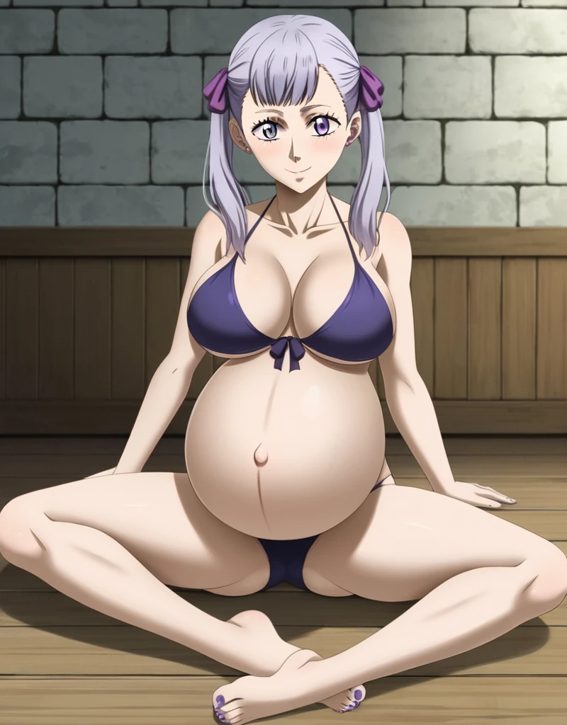 noelle_blackclover, Noelle Silva, Black Clover, long silver hair, waist-length hair, half-up half-down hairstyle, ribbon, soft waves, side-parted bangs, almond-shaped blue eyes, fair skin, high-quality, ultra-detailed, beast quality, 8K resolution,
looking at viewer,smile, pregnant belly, large belly, huge belly, big Breasts, Sitting
1girl,solo, indoors, bead
full body,(bikini, panties, violet toenails:1.4)