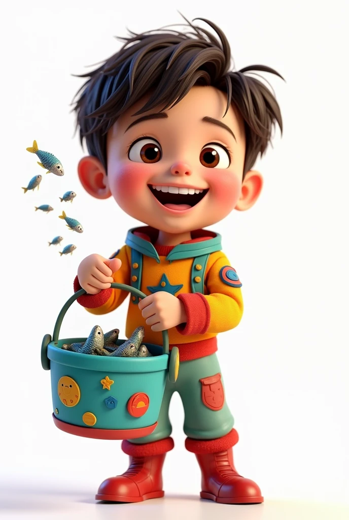 a happy boy with short hair, dark brown hair color, wearing a space costume, holding a bucket full of fish, white background, the child, tom, Pixar-style, 3d, Cartoon s, face detailed, asymmetric 16k