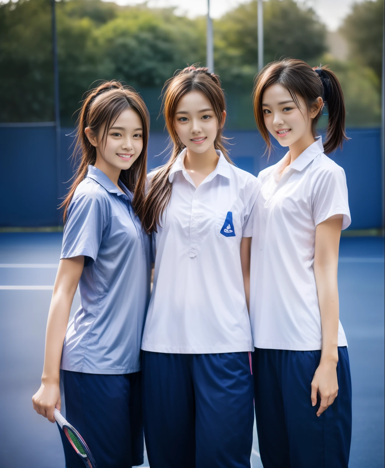 3 girls play tennis at tennis courts, Navy blue short-sleeved shirt,Navy Long Trackpant,Sweatpants, Sweatpantsขายาว,25 year old girl, lesbian, sexy, exercise clothes, wet body, exercise clothes