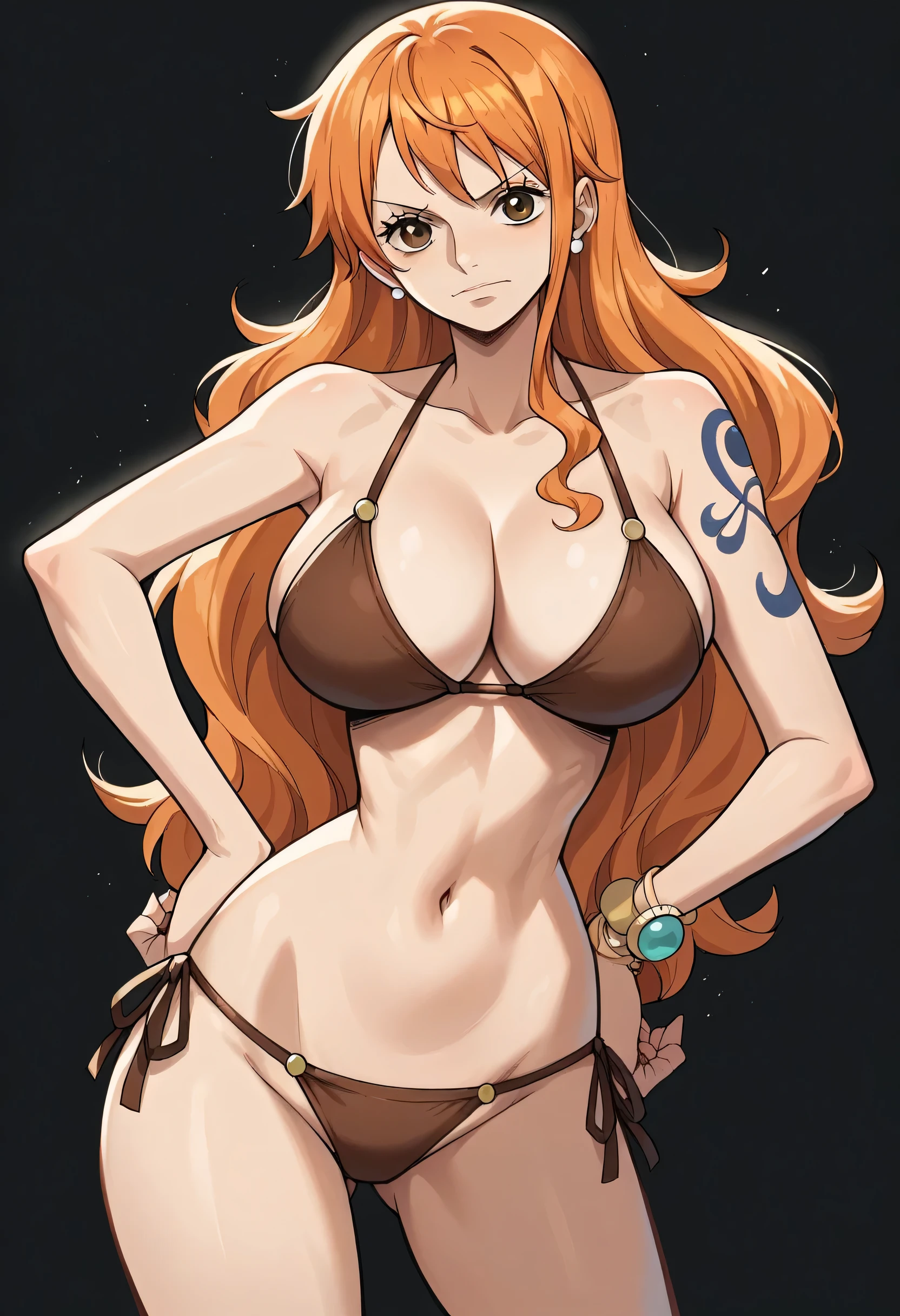 Masterpiece, best quality, Masterpiece, best quality, 1 woman, Nami , long orange hair , sly face , brown bikini , big breasts , abdomen , Put your hands on your hips.. , black background