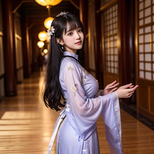 Sideways photo,best quality, Delicate face,beautiful visual work, lifelike, eternity, black hair, Long curly hair, blunt bangs, Smile, Detailed Background, Delicate face,blush,cold,((masterpiece))、(top quality)、8k、high detail、Super detailed,31 years old female,Wearing Tang Dynasty Hanfu、waist skirt, Clothes are light and fluffy,Hanfu, wide sleeves, Transparent sleeves, Tunic, Clothes made of chiffon, Seductive and whimsical style、masterpiece、born、Scenes resembling fairy tale illustrations、Intricate details and complex designs、Beautifully、magic、capricious、 Beautifully、Dream aesthetics、「𝓡𝓸𝓶𝓪𝓷𝓽𝓲𝓬、ethereal、charming、fickle、magic」、Realism、Visual effects、FXAA、SSAO、Shaders、voiceless、ambient lighting、Tone mapping、High resolution、Ultra high quality、Million pixels、(8K resolution:1.10)、8k、Below 8K、8K resolution、high detail、intricate details, (high quality:1.2、masterpiece:1.2、:1.21)、(31 years old female:1.21)、(Smile excitedly)、(full-body shot,Normal 2 feet,Put your hands behind you,The protrusion of the breast is visible when wearing clothes, Large Breasts, H cup chest, antiquity, Xian Xia, gauze clothes, Soft and fluttering, Fairy, dream, fantasy, light, elegant, nature, Immortal, romantic, classical, ribbon, light purple clothes, In the Forbidden City corridor,Chinese Palace Corridor,imperial palace,Palace corridor