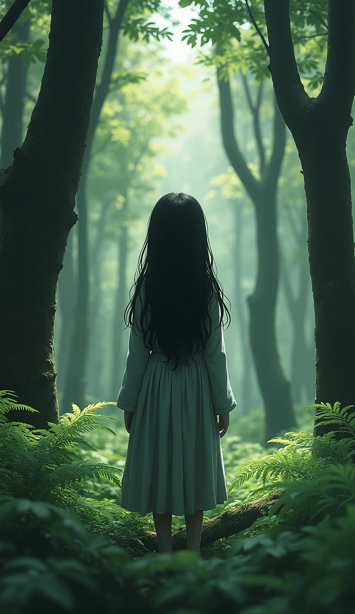 in the forest、Depressed girl、Expressionless、Black Hair、Japanese、Long Hair