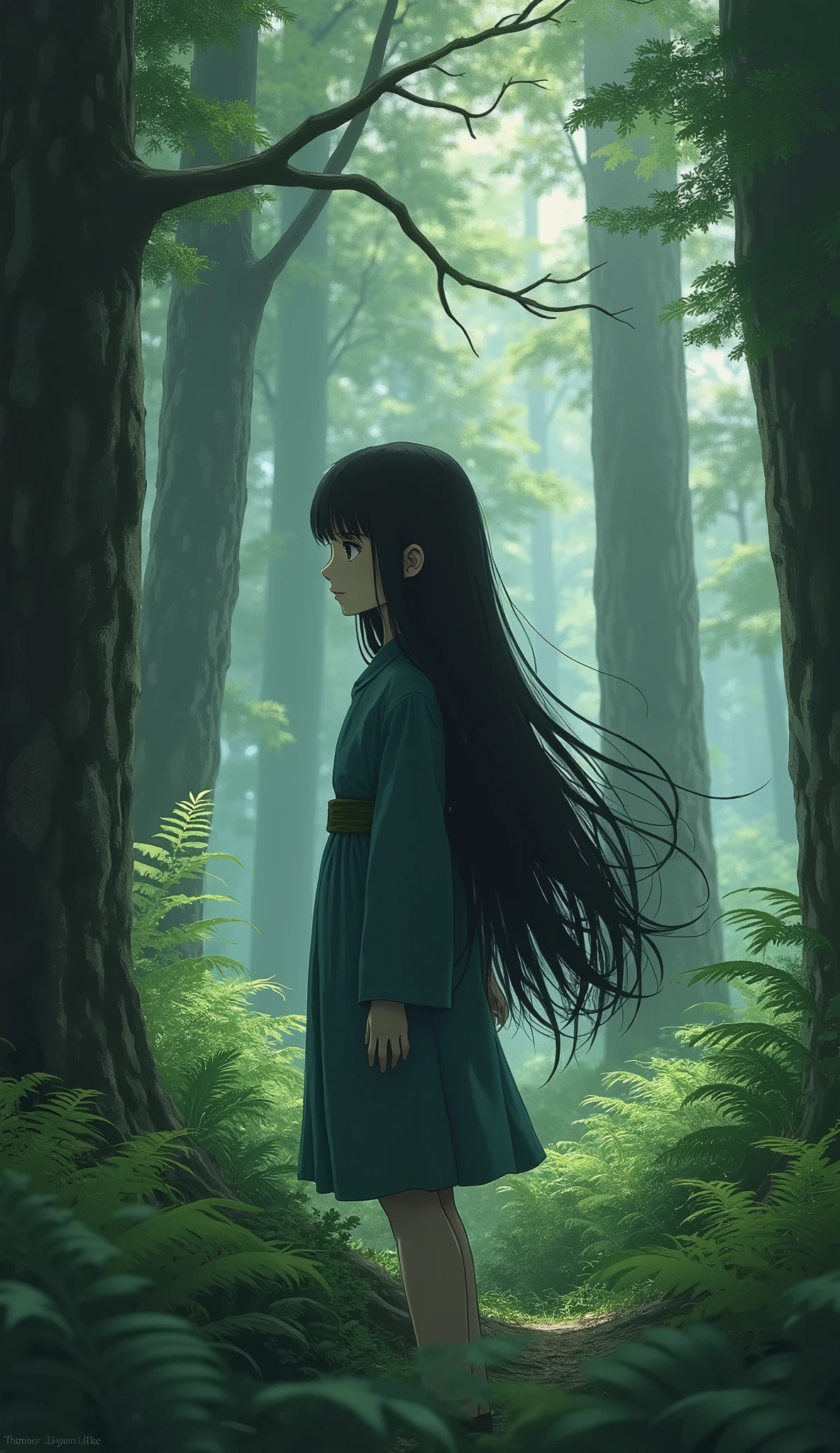 in the forest、Depressed girl、Expressionless、Black Hair、Japanese、Long Hair