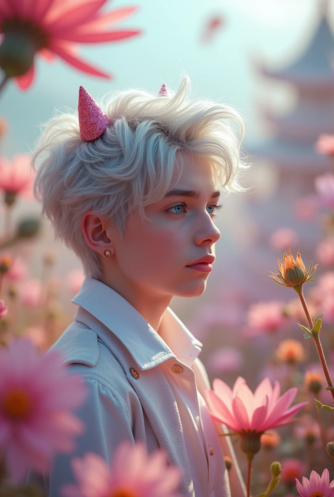 Very handsome 18-year-old gray-haired man like the cute boys on tik tok in wonderland (With jealous gaze)