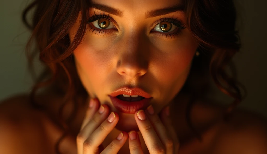 a woman with beautiful detailed eyes, beautiful detailed lips, extremely detailed face, longeyelashes, biting her lower lip with sensuality, looking at the viewer with eyes full of desire, hands caressing the viewer's chest delicately, 1 girl, photorealistic, ultra-detailed, high quality, dramatic lighting, chiaroscuro, warm color palette, romantic, sensual, dreamlike