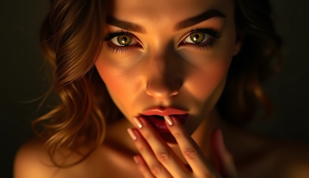 a woman with beautiful detailed eyes, beautiful detailed lips, extremely detailed face, longeyelashes, biting her lower lip with sensuality, looking at the viewer with eyes full of desire, hands caressing the viewer's chest delicately, 1 girl, photorealistic, ultra-detailed, high quality, dramatic lighting, chiaroscuro, warm color palette, romantic, sensual, dreamlike