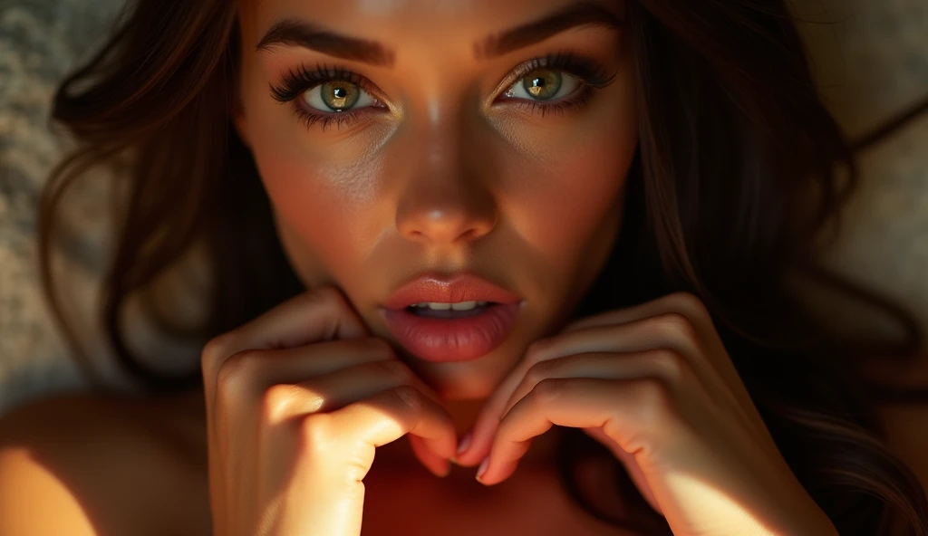 a woman with beautiful detailed eyes, beautiful detailed lips, extremely detailed face, longeyelashes, biting her lower lip with sensuality, looking at the viewer with eyes full of desire, hands caressing the viewer's chest delicately, 1 girl, photorealistic, ultra-detailed, high quality, dramatic lighting, chiaroscuro, warm color palette, romantic, sensual, dreamlike