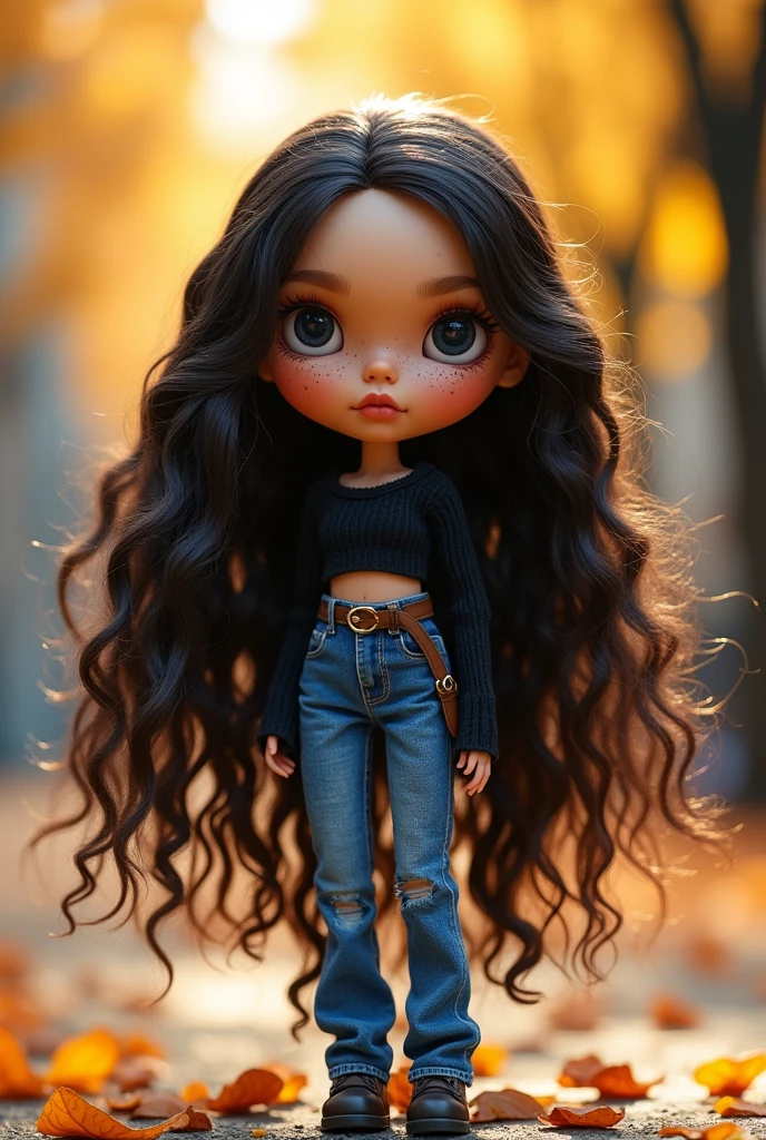 blythe doll, long dark wavy hair with curls, dark blue eyes black cropped top and jeans, freckled face with very white skin