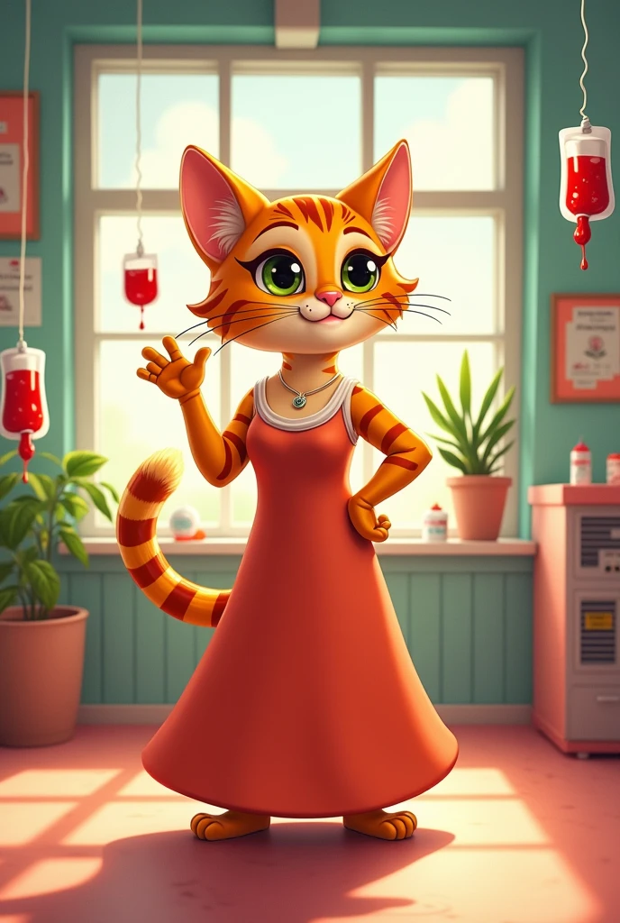 An orange cat with stripes wearing a gown in the blood bank area , like a cartoon