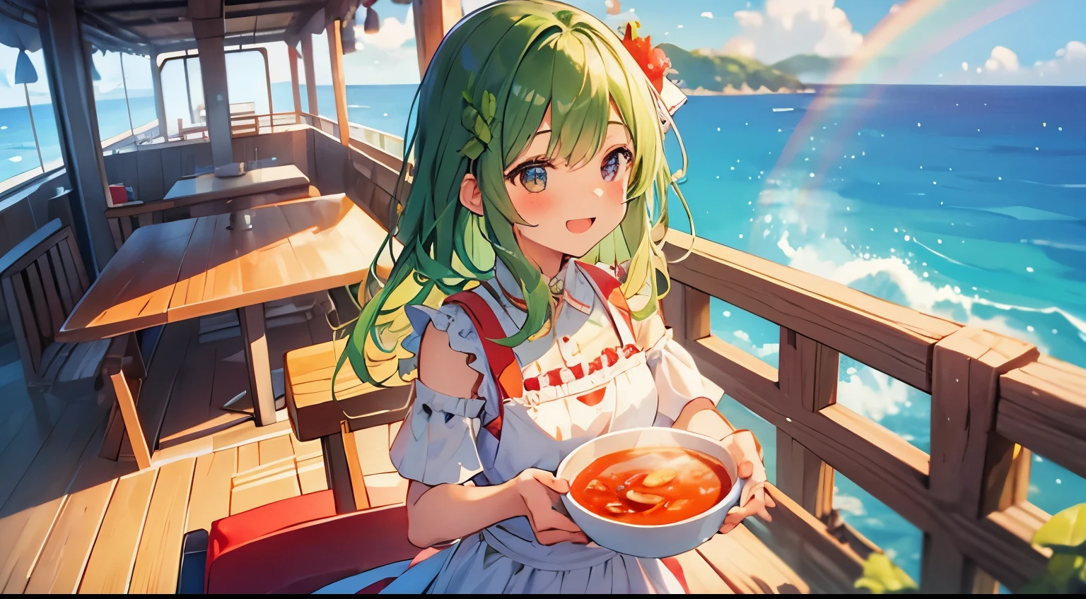 Girl、apron、Frills、On the boat、tomato soup sea、green cabbage、red tomato、brown mushroom、fresh basil、rainbow vegetables、