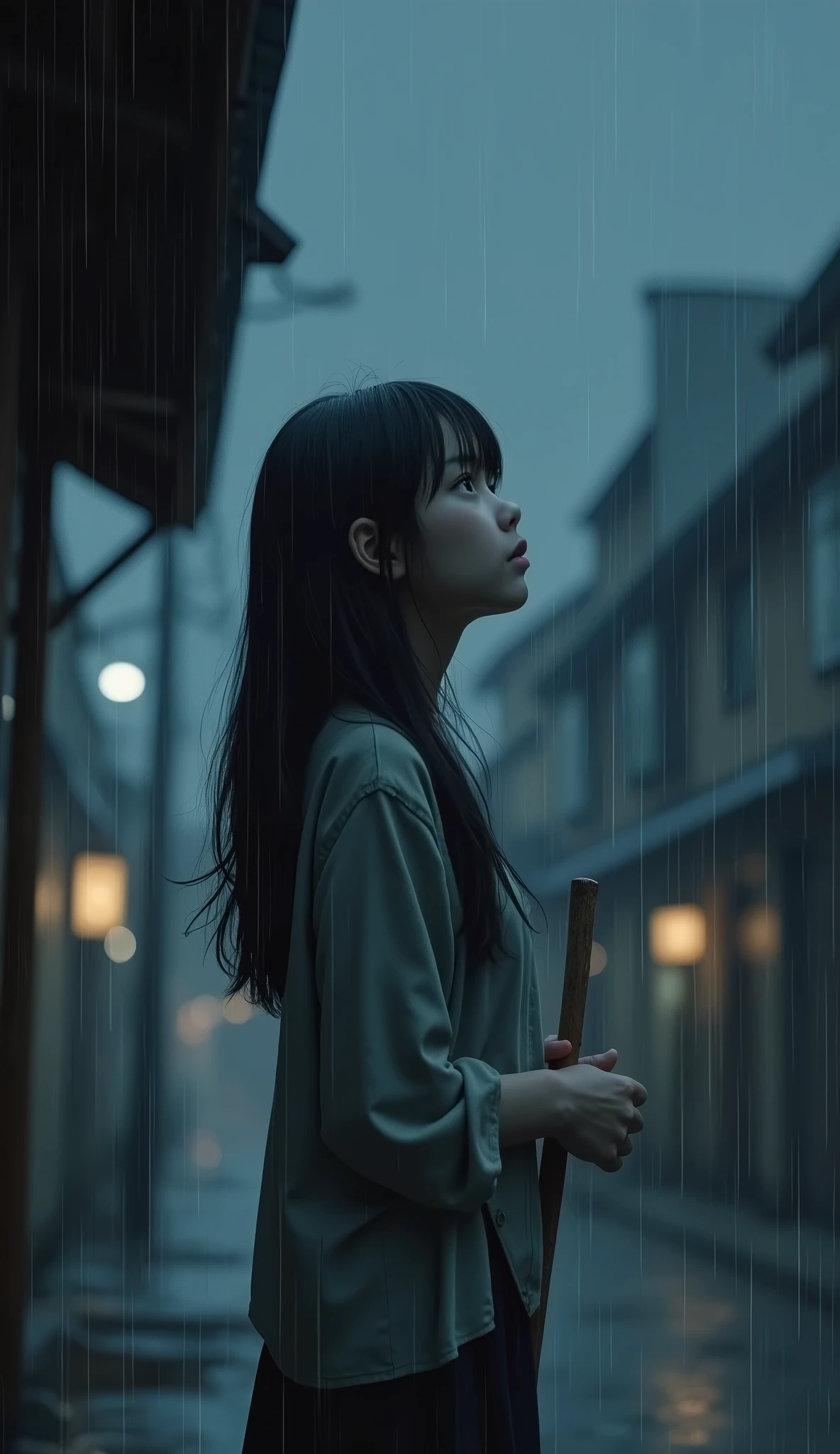 Eaves、rain、Depressed girl、Expressionless、Looking up at the sky、Upper Body、Black Hair、Japanese、Long Hair、Real Stick、