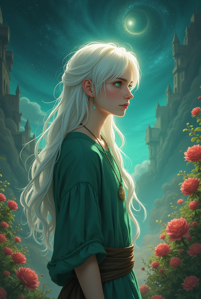 (MeinaIrreal), Young man, White hair, that reached past his waist, was tied in a loose tail at the end, while the rest of the hair flew carelessly behind him, emerald eyes and a mole under her eye.