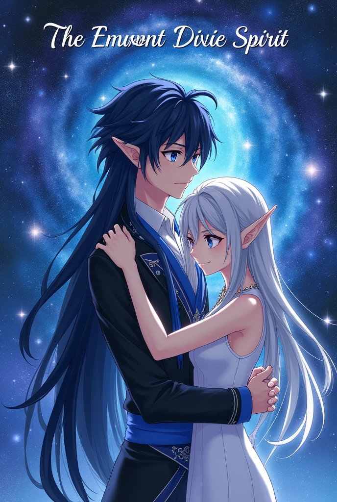 put the name: (The Eminent Divine Spirit), written in the drawing. Create a character, MALE in JAPANESE ANIME style, IN a cosmic environment, long black hair with a cobalt blue streak in one hair, cobalt blue eyes. holding/Hugging an adult silver-haired elf.