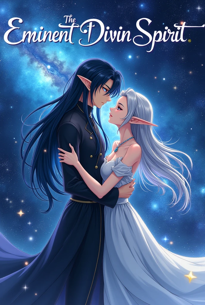 put the name: (The Eminent Divine Spirit), written in the drawing. Create a character, MALE in JAPANESE ANIME style, IN a cosmic environment, long black hair with a cobalt blue streak in one hair, cobalt blue eyes. holding/Hugging an adult silver-haired elf.