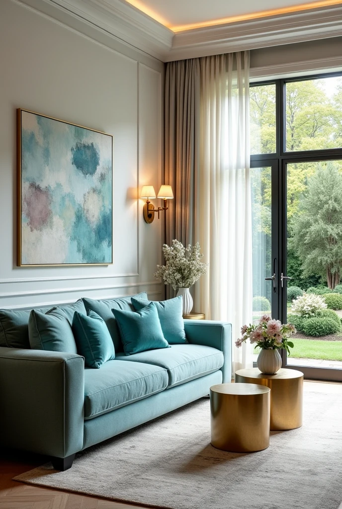 Design a house interior that incorporates the colour periwinkle, crystal teal, and other colours that compliment them 