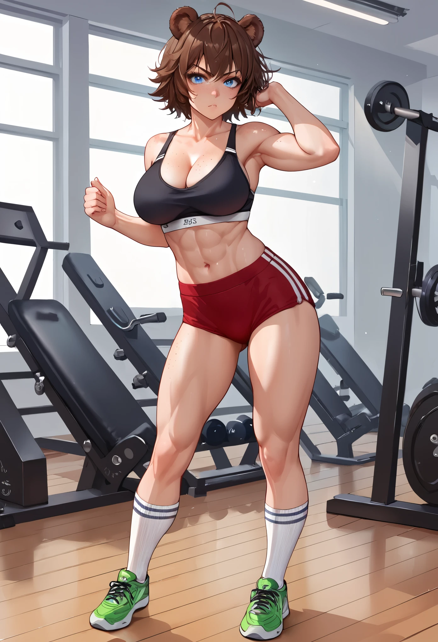 score_9_up, score_8_up, score_7_up, 1girl, solo, source_anime, hourglass figure, Big breasts, kemonomimi, bear ears, brown hair, short hair, messy_hair, blue eyes BREAK freckles, gym, sport bra, black bra, midriff, red buruma, muscle growth, standing, serious face, looking at viewer, high socks, white socks, green sneakers