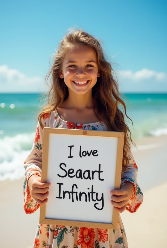 Beautiful girl with wavy long hair, bohemian dress, holding a white board with text "I Love Seaart Infinity" and showing it to the viewer
