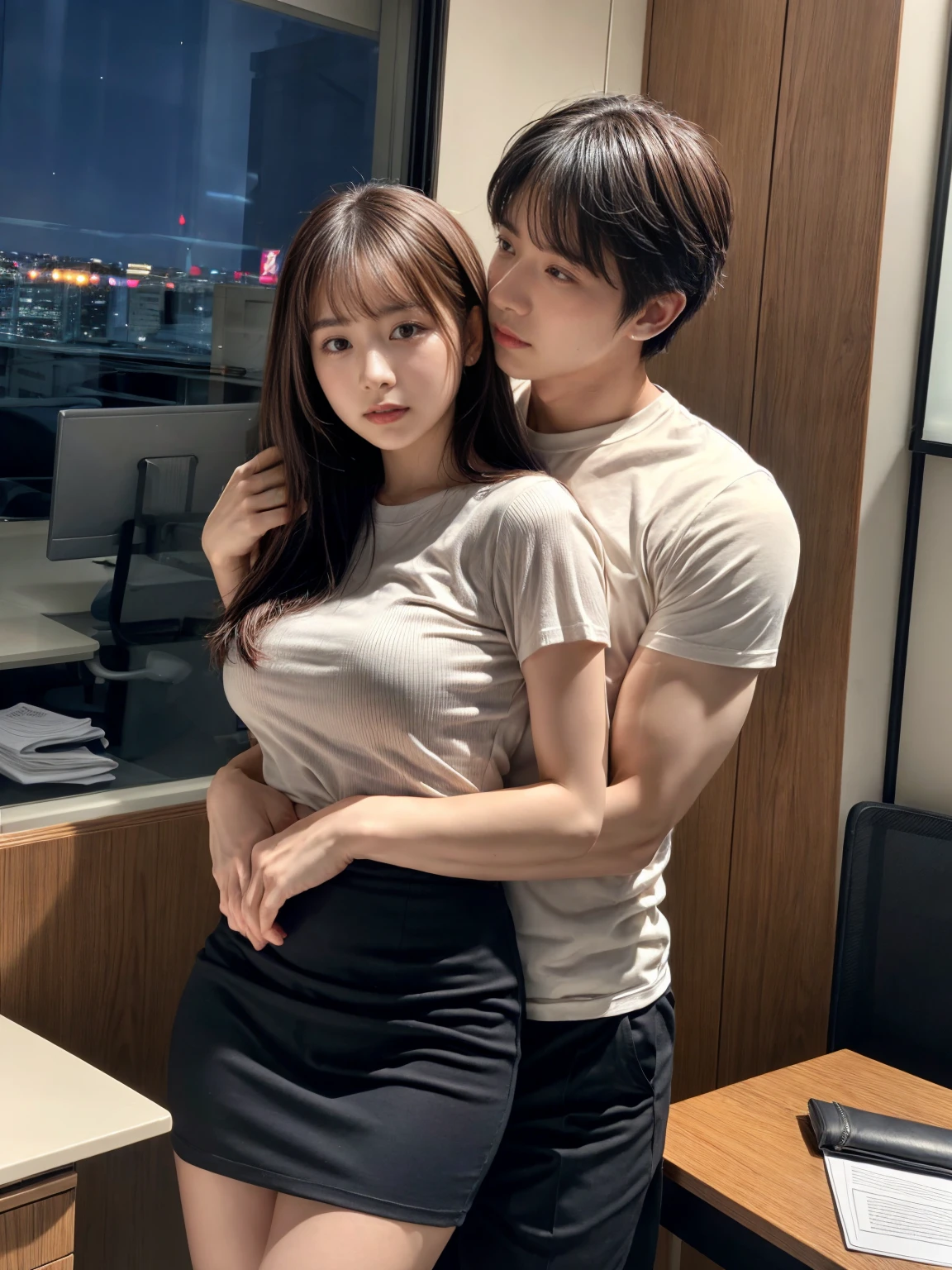 A handsome CEO with his beutiful girlfriend,who is on wear tight t-shirt and skirt romancing together with him in his luxury office at night.
While he carefully romantically falls down her hair., laege breasts, Hug from behind.
