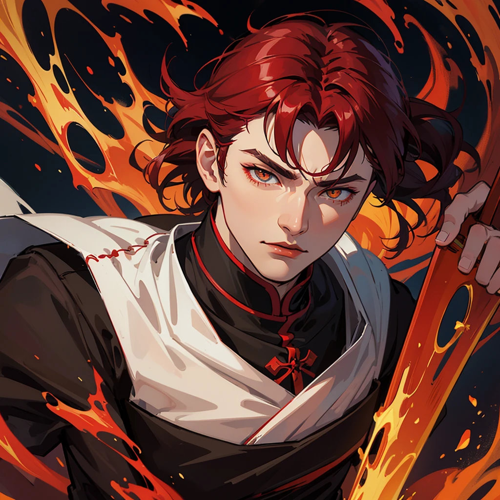 vampyre. Young man.amber eyes. black and red hair. Cao Cao, stark, brawny, looking like a Nordic warrior. British general's outfit from the great navigations. standing alone. standing. alone.