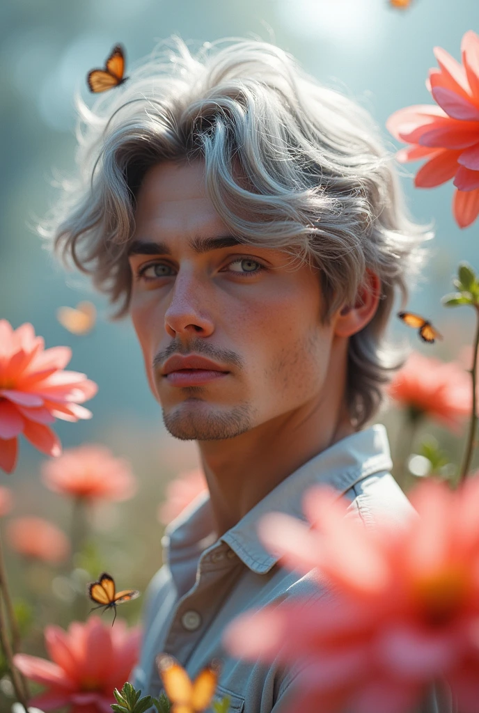 Very handsome 18-year-old gray-haired man like the cute boys on tik tok in wonderland (With jealous gaze)
